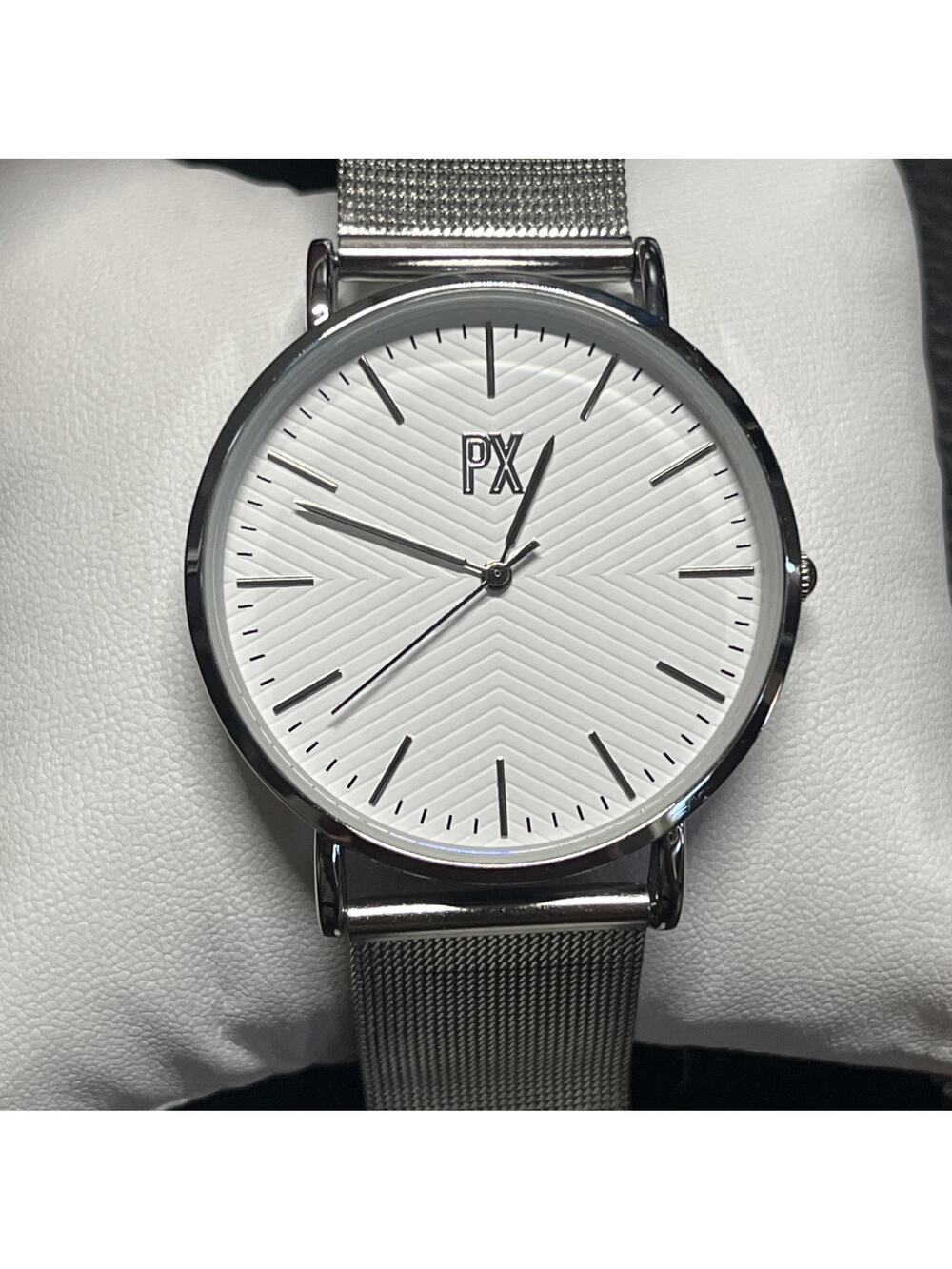PX Premium Xpression White Dial Watch, Metal Mesh Band Stainless New Battery Box